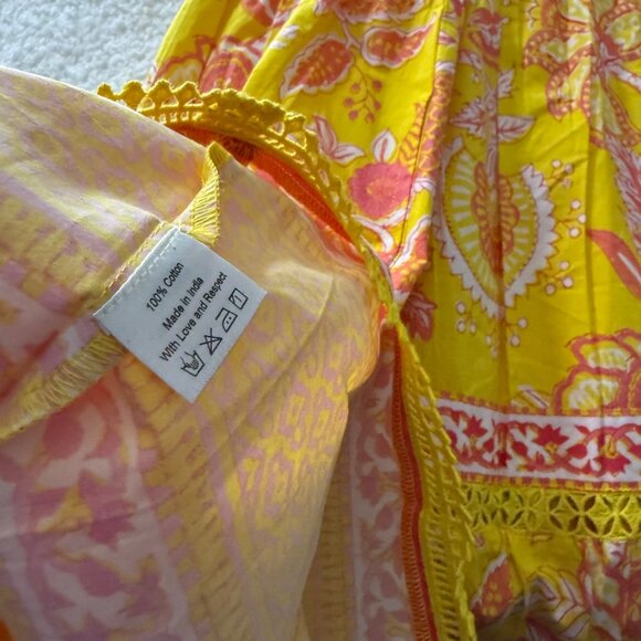 La Plage S Yellow Coral Floral Block Print Dress Short Sleeve, 100% Cotton - Picture 4 of 12